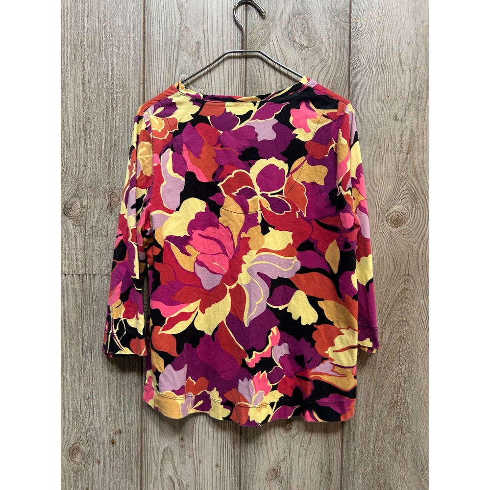 Chicos Floral Pima Cotton V-Neck Top Size 2 Large 3/4 Sleeve Multicolor Knit - Picture 6 of 6